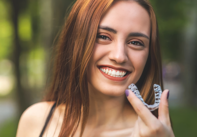Lady outside holding up Invisalign clear aligners
